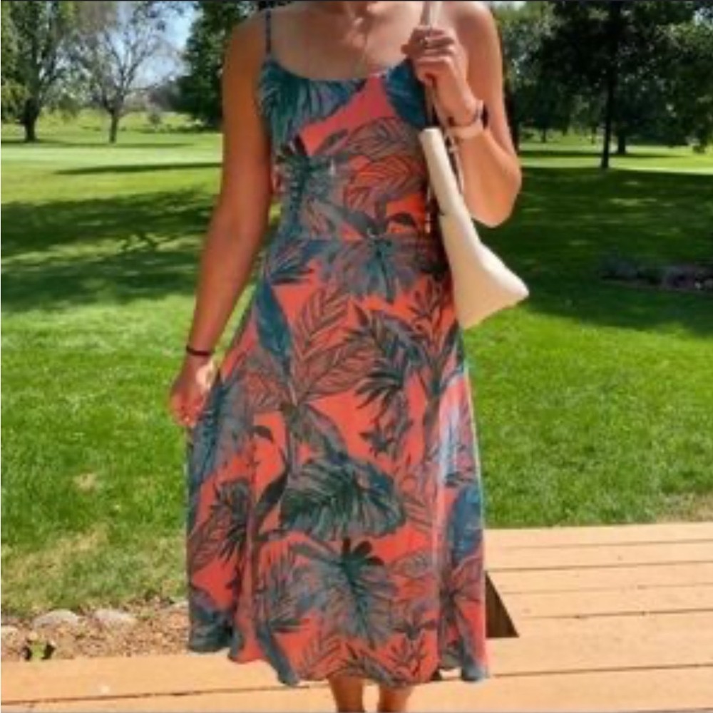 CYNTHIA ROWLEY | Coral Tropical Leaf Print Tie Back Sleevelessâ Maxi Dress, 2